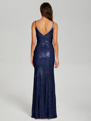Trumpet/Mermaid V-Neck Sequins Prom Dresses With Split