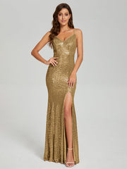 Trumpet/Mermaid V-Neck Sequins Prom Dresses With Split