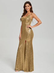 Trumpet/Mermaid V-Neck Sequins Prom Dresses With Split