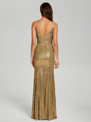Trumpet/Mermaid V-Neck Sequins Prom Dresses With Split