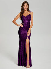 Trumpet/Mermaid V-Neck Sequins Prom Dresses With Split