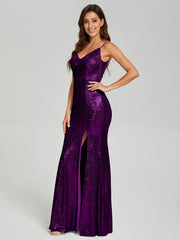 Trumpet/Mermaid V-Neck Sequins Prom Dresses With Split
