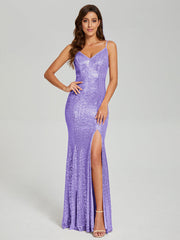 Trumpet/Mermaid V-Neck Sequins Prom Dresses With Split