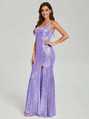 Trumpet/Mermaid V-Neck Sequins Prom Dresses With Split