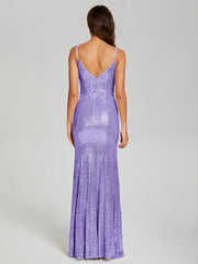 Trumpet/Mermaid V-Neck Sequins Prom Dresses With Split