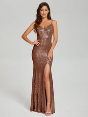 Trumpet/Mermaid V-Neck Sequins Prom Dresses With Split