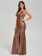 Trumpet/Mermaid V-Neck Sequins Prom Dresses With Split