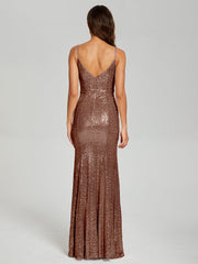 Trumpet/Mermaid V-Neck Sequins Prom Dresses With Split