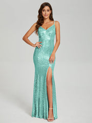 Trumpet/Mermaid V-Neck Sequins Prom Dresses With Split