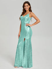 Trumpet/Mermaid V-Neck Sequins Prom Dresses With Split