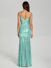Trumpet/Mermaid V-Neck Sequins Prom Dresses With Split