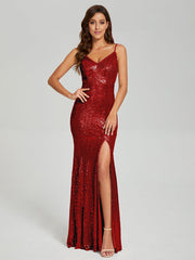 Trumpet/Mermaid V-Neck Sequins Prom Dresses With Split
