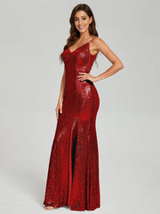 Trumpet/Mermaid V-Neck Sequins Prom Dresses With Split