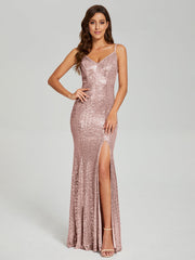Trumpet/Mermaid V-Neck Sequins Prom Dresses With Split