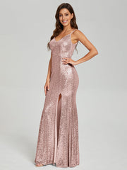 Trumpet/Mermaid V-Neck Sequins Prom Dresses With Split