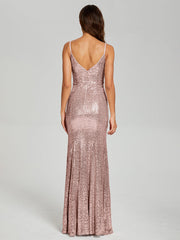 Trumpet/Mermaid V-Neck Sequins Prom Dresses With Split