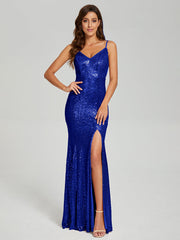 Trumpet/Mermaid V-Neck Sequins Prom Dresses With Split