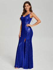 Trumpet/Mermaid V-Neck Sequins Prom Dresses With Split