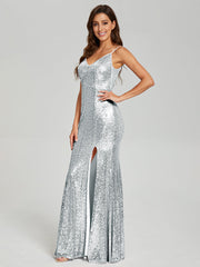 Trumpet/Mermaid V-Neck Sequins Prom Dresses With Split