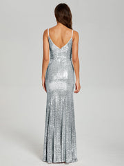 Trumpet/Mermaid V-Neck Sequins Prom Dresses With Split