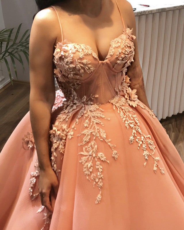 Spaghetti Straps Sweetheart Tulle Ball Gowns Prom Dresses Lace Embroidery