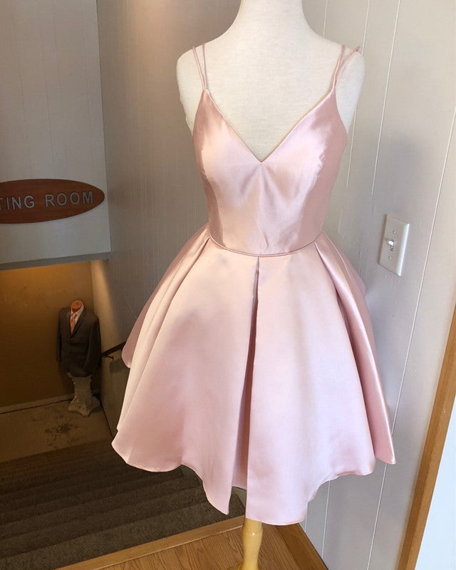 Spaghetti Straps V-neck Homecoming Dresses Satin Cocktail Dress