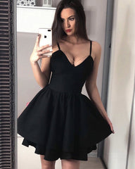 Spaghetti V-neck Ruffle Hem Satin Cocktail Homecoming Dresses