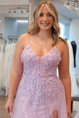 Light Purple Spaghetti Straps A-Line Sequin Long Prom Dress with Appliques