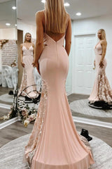 Spaghetti Straps Appliques Mermaid Blush Pink Prom Evening Dress TP1213
