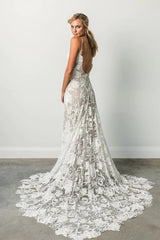 Spaghetti Straps Backless Long Ivory Lace Beach Wedding Dresses TN390