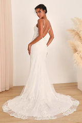 Spaghetti Straps Backless White Embroidered Lace Mermaid Wedding Gown With Train