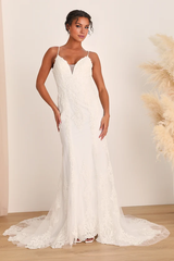 Spaghetti Straps Backless White Embroidered Lace Mermaid Wedding Gown With Train
