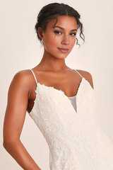 Spaghetti Straps Backless White Embroidered Lace Mermaid Wedding Gown With Train