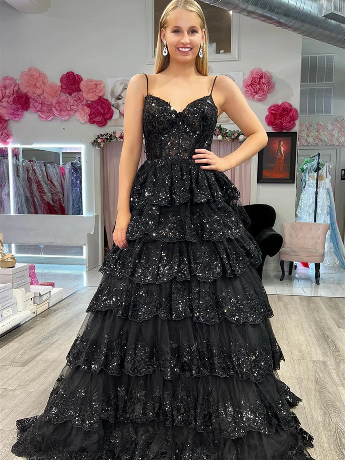 Spaghetti Straps Black White Lace Long Prom Dresses, Long Lace Formal Evening Dresses