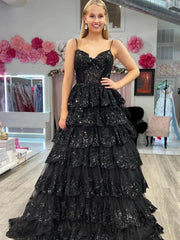Spaghetti Straps Black White Lace Long Prom Dresses, Long Lace Formal Evening Dresses