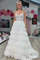 Spaghetti Straps Black White Lace Long Prom Dresses, Long Lace Formal Evening Dresses
