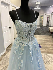 Spaghetti Straps Blue Lace Prom Dresses, Blue Lace Long Formal Evening Dresses