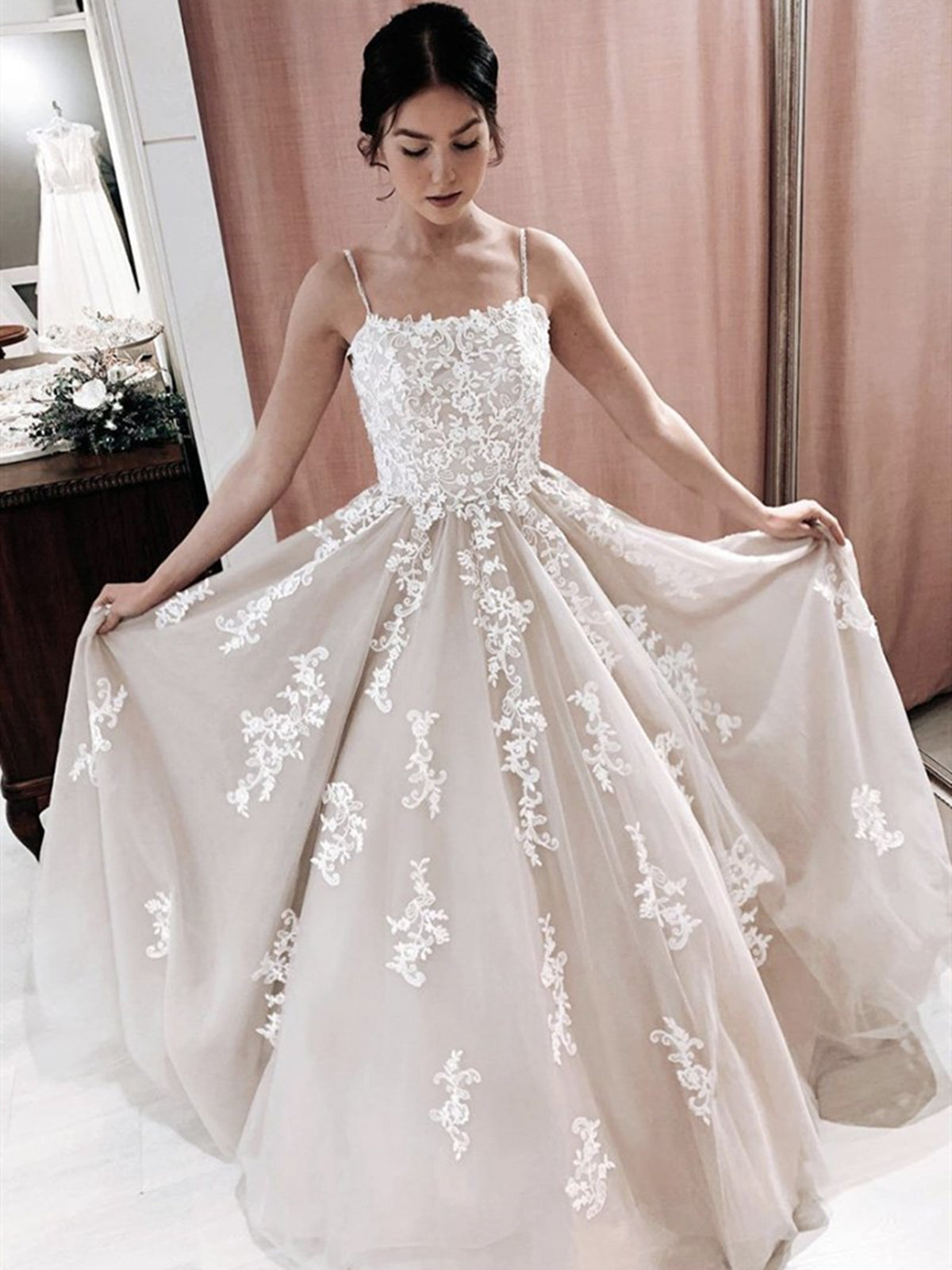 Spaghetti Straps Champagne Lace Wedding Dresses, Champagne Lace Long Prom Formal Dresses