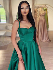 Spaghetti Straps Dark Green Long Satin Prom Dresses, Dark Green Long Satin Formal Evening Dresses