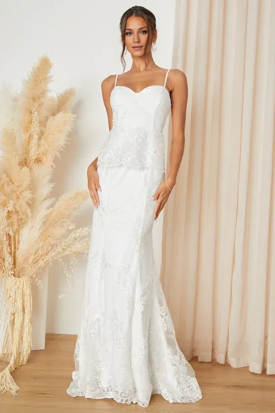 Spaghetti Straps Eternal White Lace Bustier Peplum Mermaid Wedding Gown With Floor Length