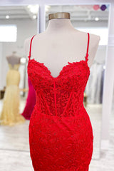 Spaghetti Straps Mermaid Applique Long Corset Prom Dress