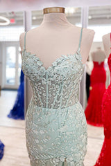 Spaghetti Straps Mermaid Applique Long Corset Prom Dress