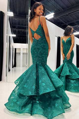 Spaghetti Straps Mermaid Applique Long Prom Dress with Ruffles