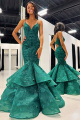 Spaghetti Straps Mermaid Applique Long Prom Dress with Ruffles