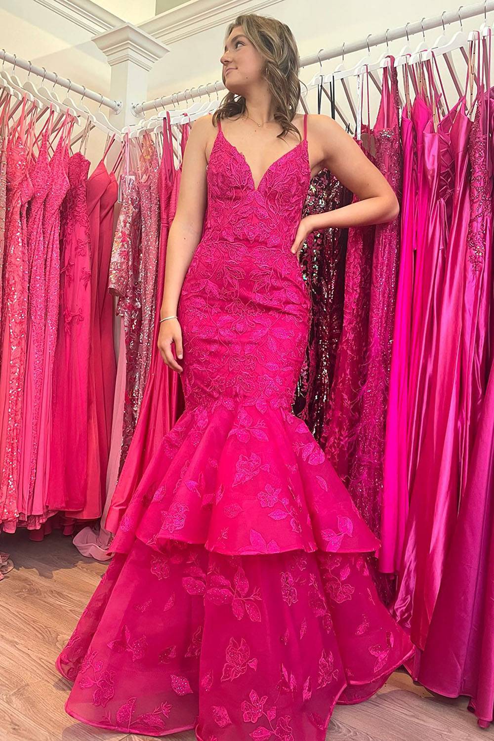 Spaghetti Straps Mermaid Applique Long Prom Dress with Ruffles