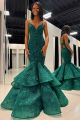 Spaghetti Straps Mermaid Applique Long Prom Dress with Ruffles