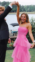 Spaghetti Straps Pink Tiered Evening Prom Dress,AST1625