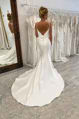 Spaghetti Straps V-neck Pleats Simple Mermaid Satin Wedding Dress TN366