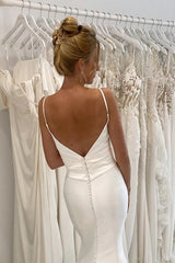 Spaghetti Straps V-neck Pleats Simple Mermaid Satin Wedding Dress TN366