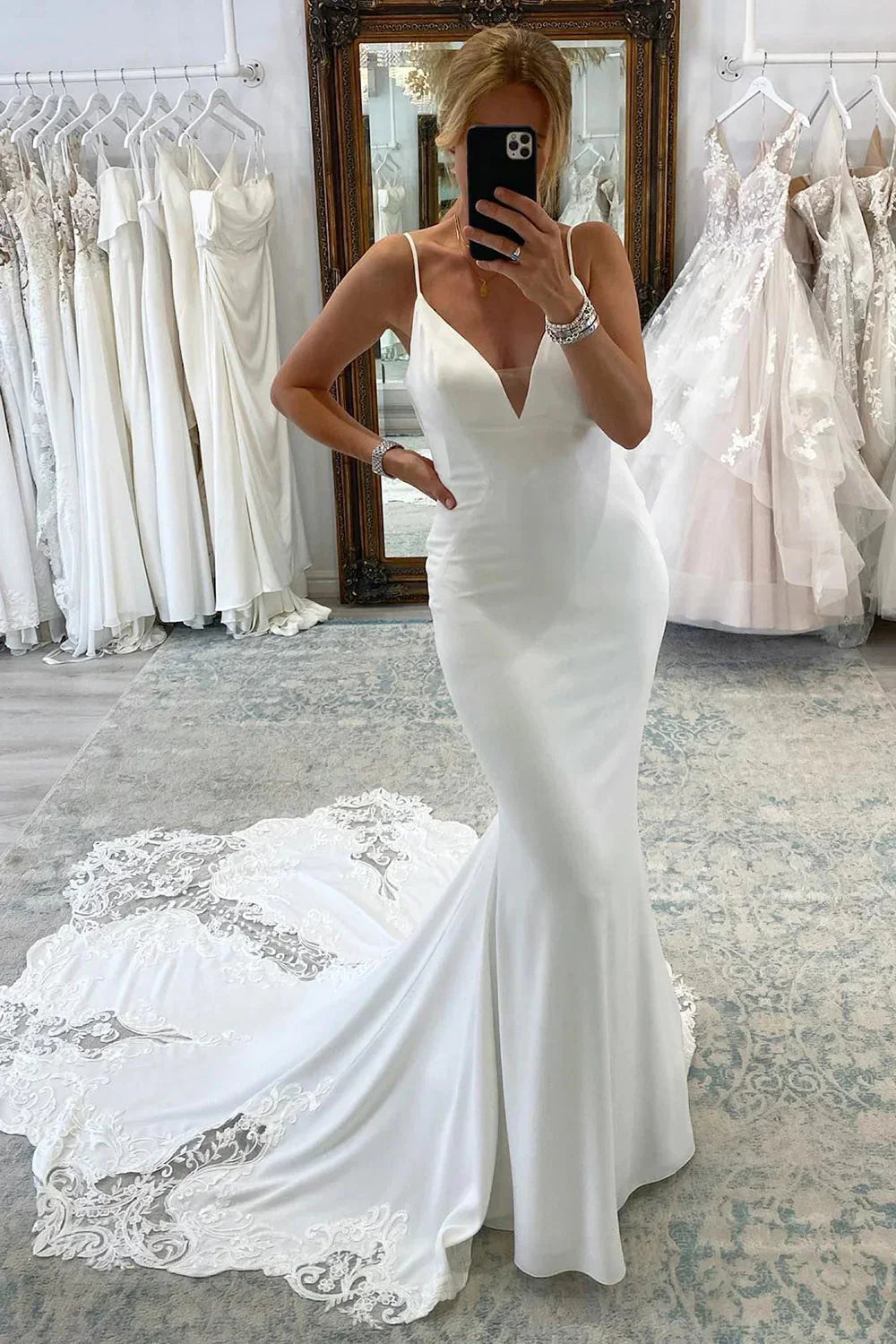Spaghetti Straps V Neck Mermaid White Satin Train Lace Minimalist Wedding Dresses